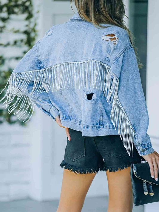 Distressed Fringe Denim Jacket Trendsi