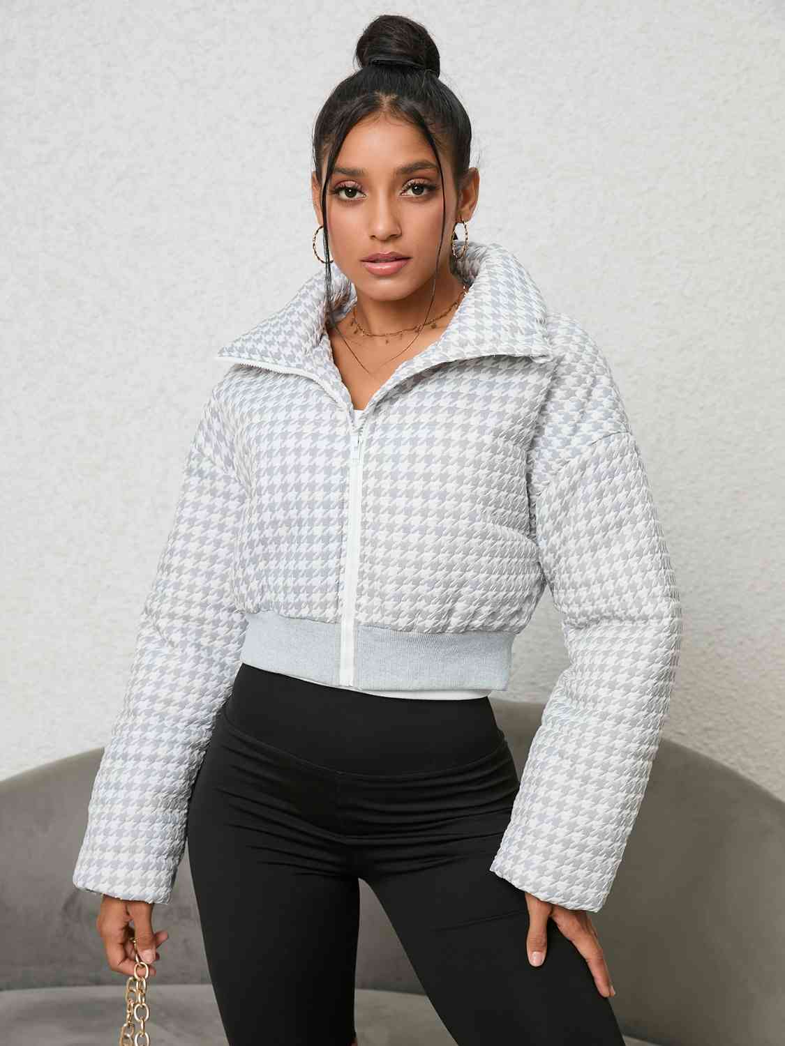 Houndstooth Zip-Up Jacket Trendsi