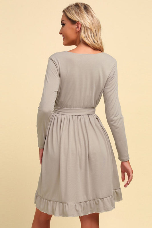 Long Sleeve Tie Waist Ruffle Hem Dress Trendsi