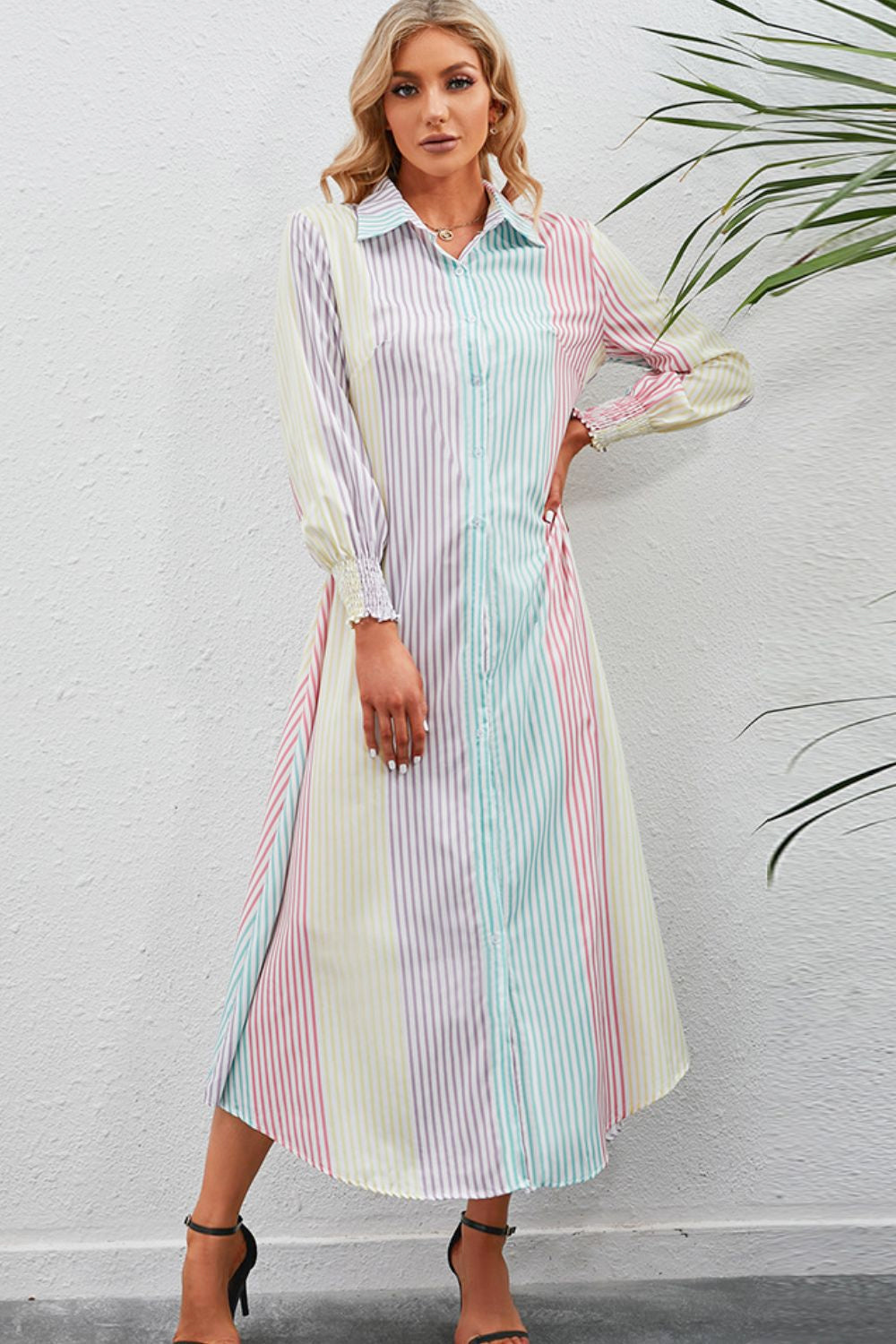 rainbow striped shirt dress Vintage 80s Rainbow Striped Midi Shirt Dress Size Large Colorful Retro Statement