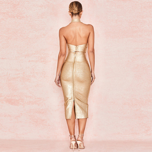 Elegant Golden celebrity dress New In