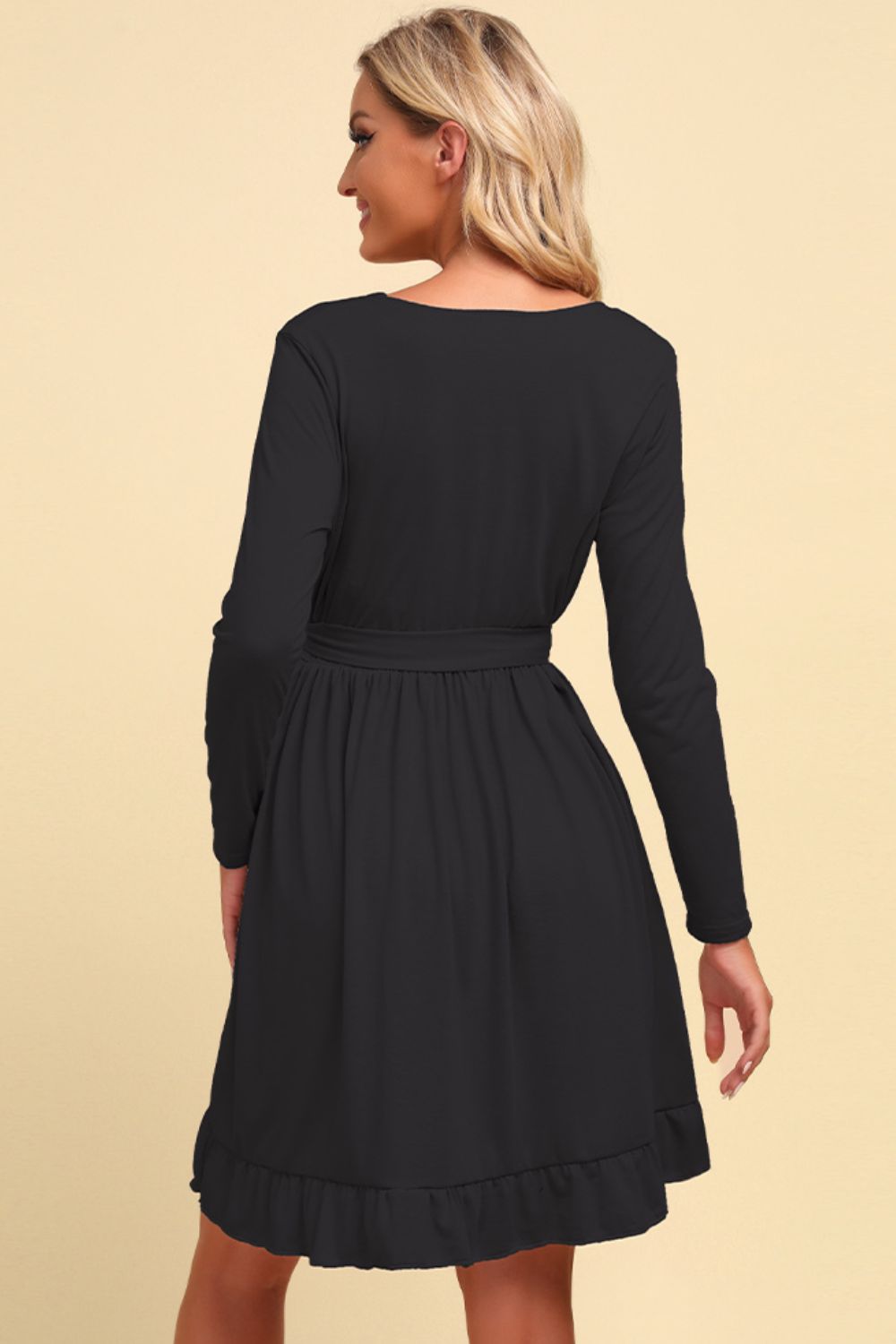 Long Sleeve Tie Waist Ruffle Hem Dress Trendsi