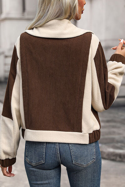 Color Block Zip Up Pocketed Jacket Trendsi