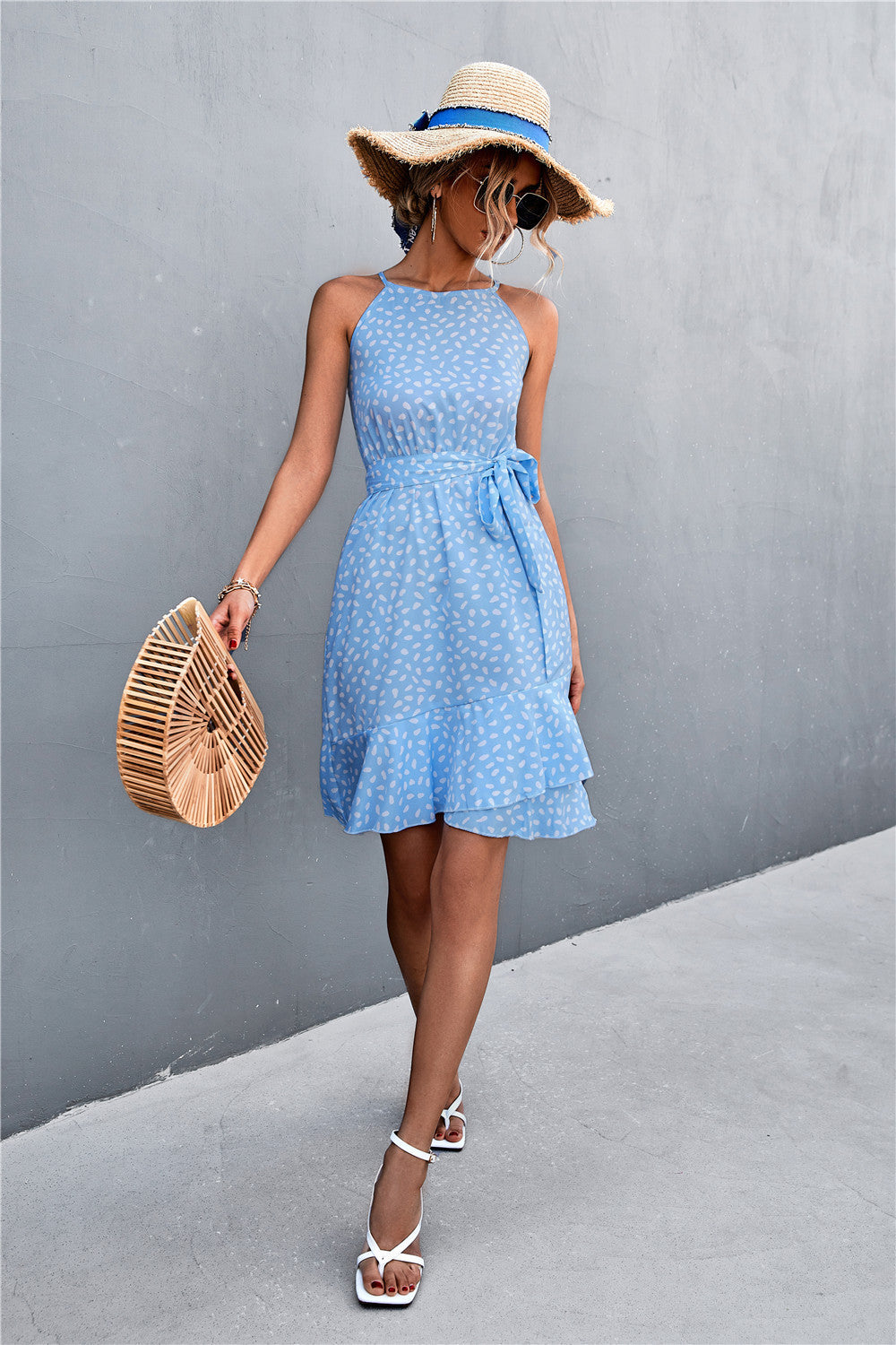 Printed Tie Waist Ruffle Hem Sleeveless Dress Trendsi
