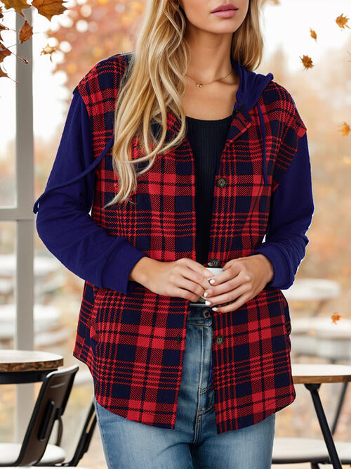 Contrast Button Up Drawstring Hooded Shirt Trendsi