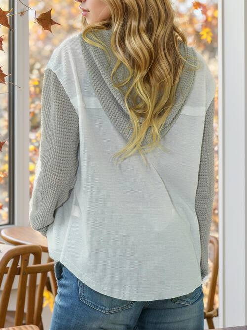 Contrast Button Up Drawstring Hooded Shirt Trendsi