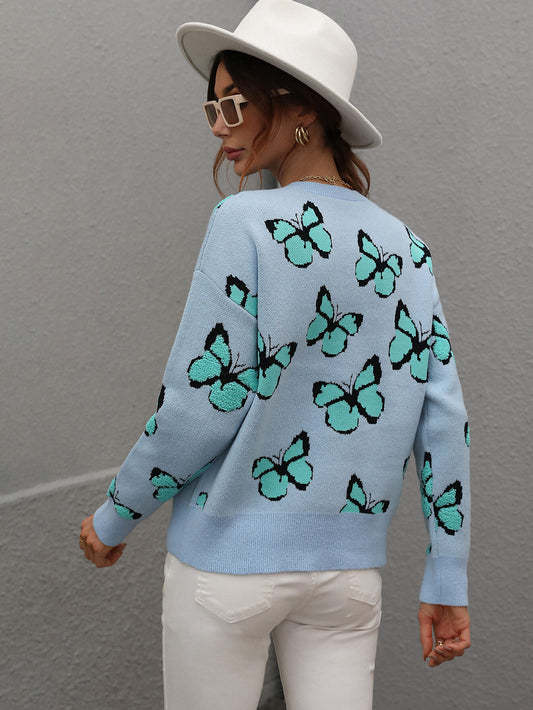 Butterfly Dropped Shoulder Crewneck Sweater Trendsi