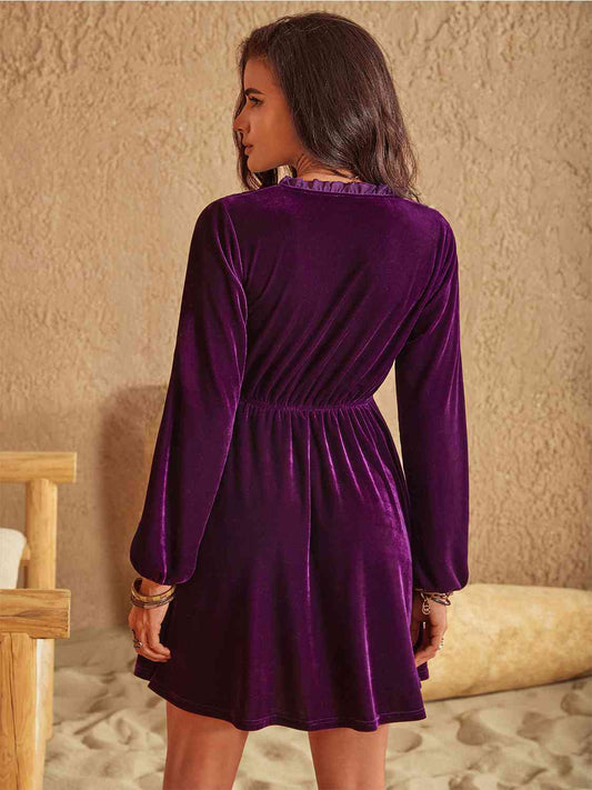 Ruffled V-Neck Long Sleeve Dress Trendsi