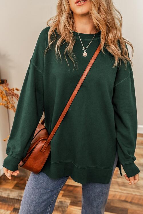 Round Neck Drop Shoulder Slit Sweatshirt Trendsi