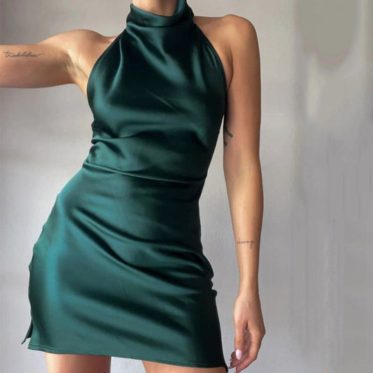 Satin Halter Sleeveless Dress-Green aclosy
