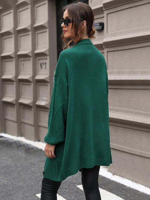 Pearl Detail Cable-Knit Button Up Cardigan Trendsi