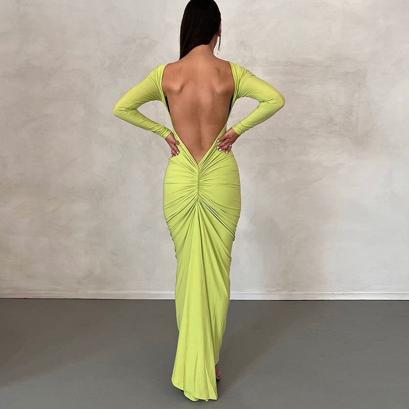 Solid Color Sexy Backless Pleated Long Elegant Slim Dress