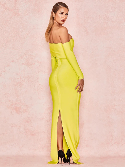 Meiga Off shoulder Slit Bandage Maxi Evening Dress aclosy