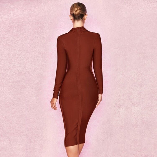Full Sleeve Bandage party Dress-Brown aclosy