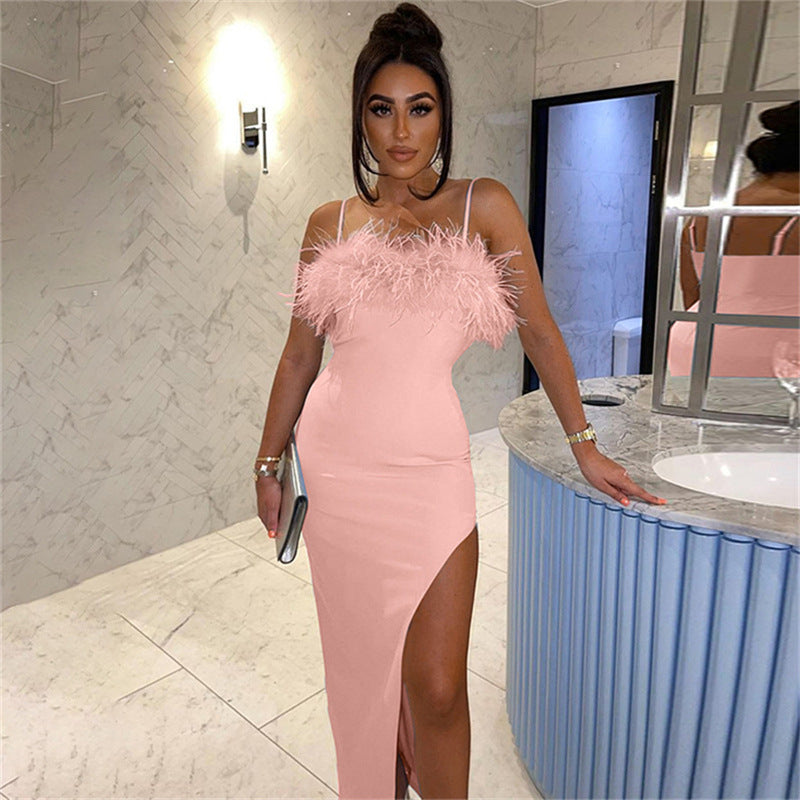 Chic Feather Trim Slip Dress aclosy