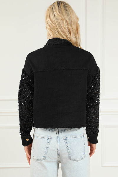 Sequin Button Up Raw Hem Denim Jacket Trendsi