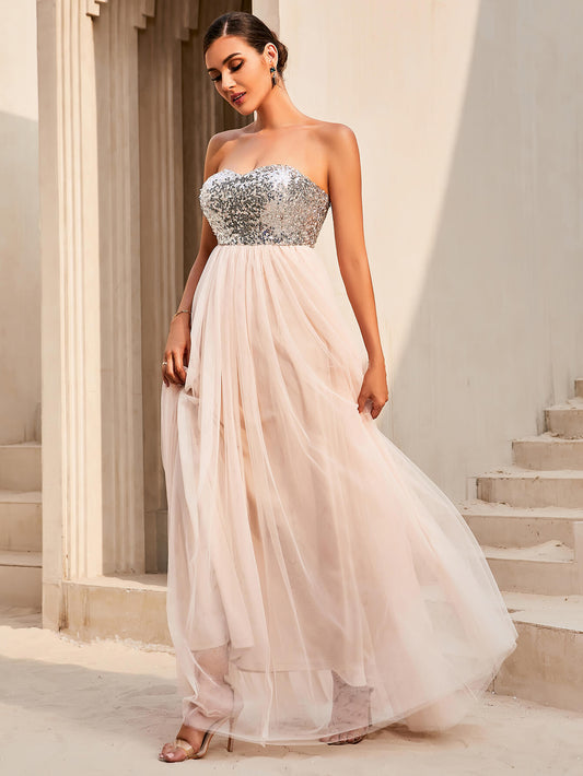 Sequin Strapless Spliced Tulle Dress Trendsi