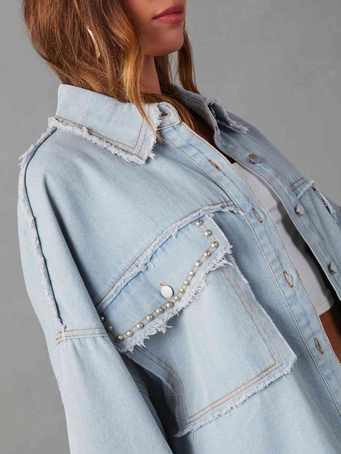 Button Down Raw Hem Denim Jacket Trendsi
