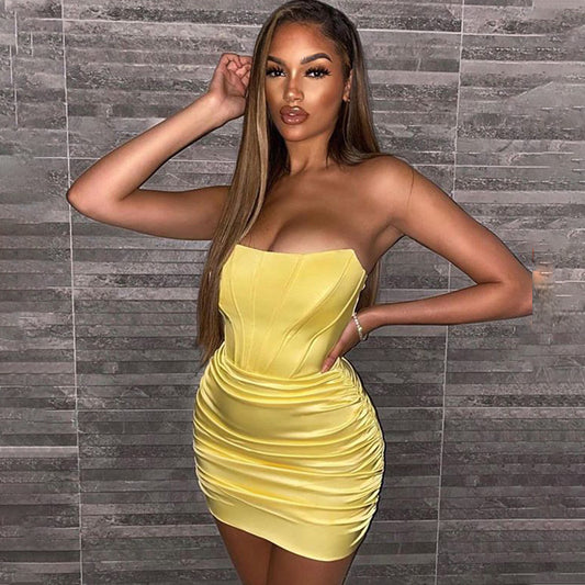 Cerry Strapless Off shoulder Satin Mini Dress aclosy