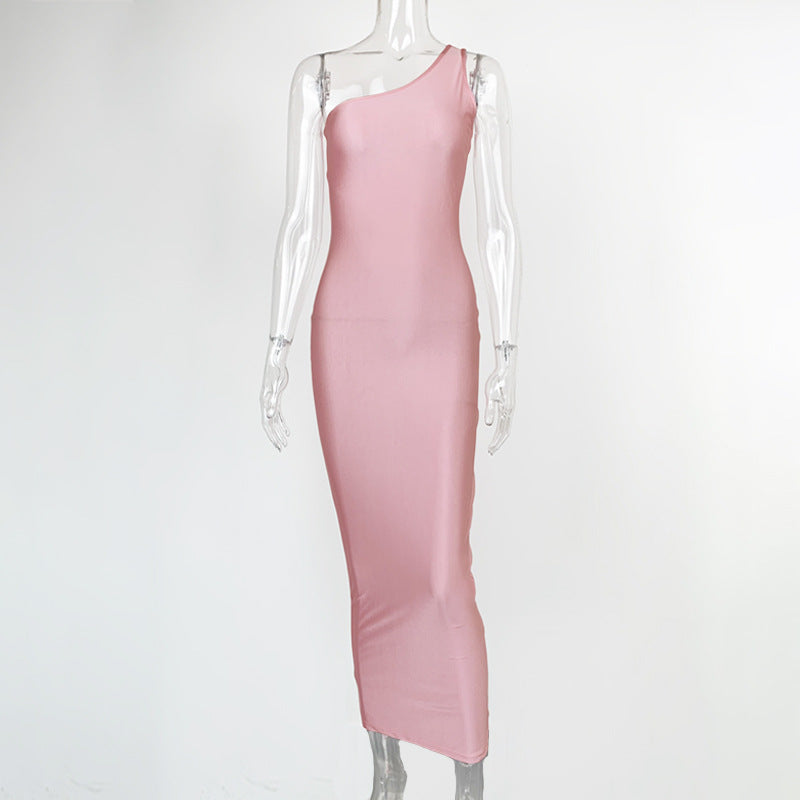 One Shoulder Sleeveless Long Dress Slim Fit-Pink aclosy