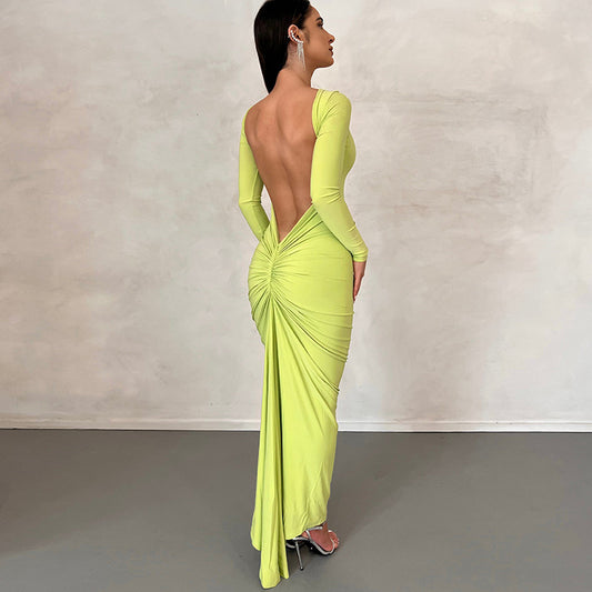 Backless Pleated Long Elegant Slim Dress aclosy