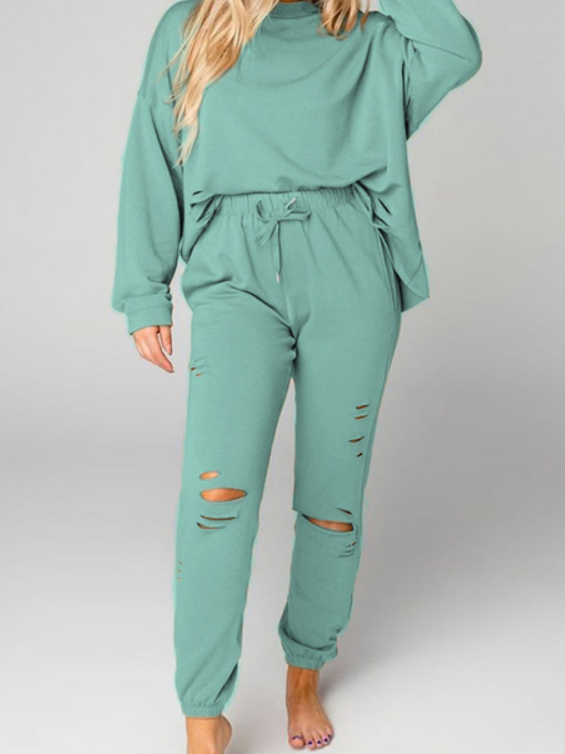 Distressed Sweatshirt and Joggers Set Trendsi
