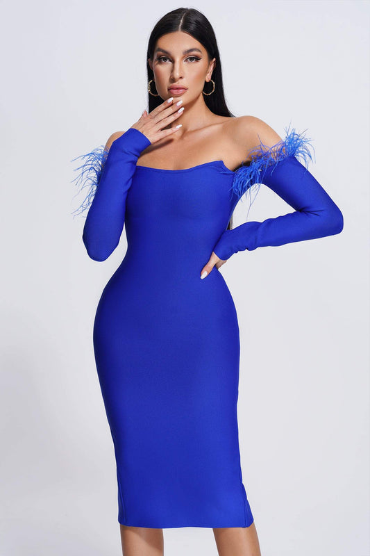 Backless Long Sleeve Feather Dress aclosy