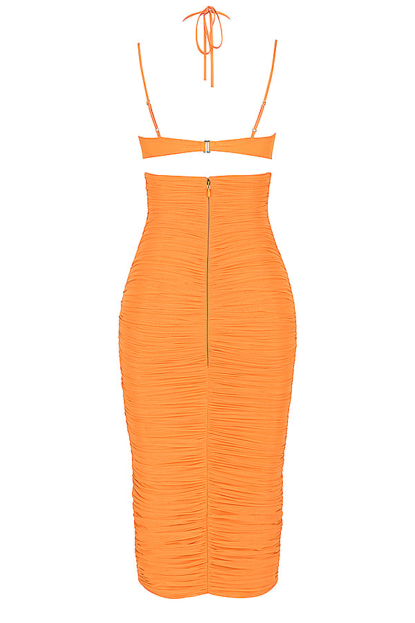 TIBU TANGERINE CUTOUT RUCHED MIDI DRESS aclosy