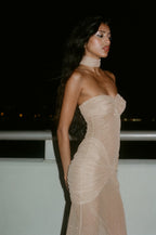 Elegant Strapless Shiny Backless Dress aclosy