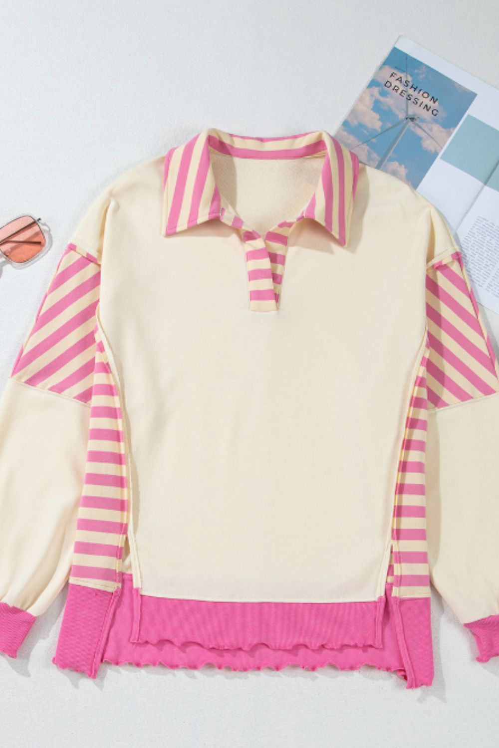 Striped Johnny Collar Long Sleeve Sweatshirt Trendsi