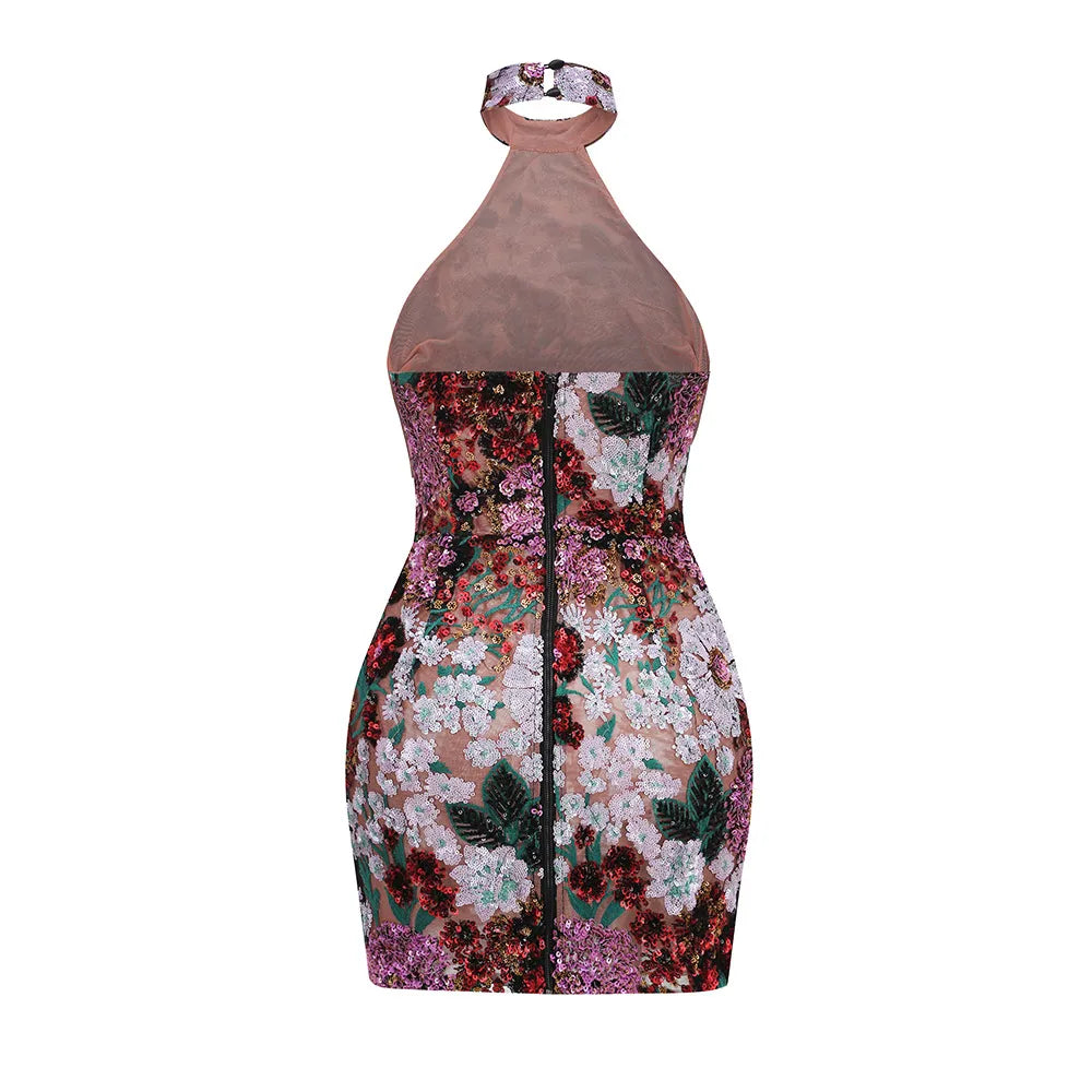 Vinena Halter Embroidered Sleeveless Mini Dress