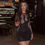 European And American Style Women's Summer New Fashion  Mesh Stitching Hollow Long Sleeve Slim Dress Wholesale aclosy