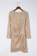 Sequin Knot Round Neck Long Sleeve Mini Dress Trendsi