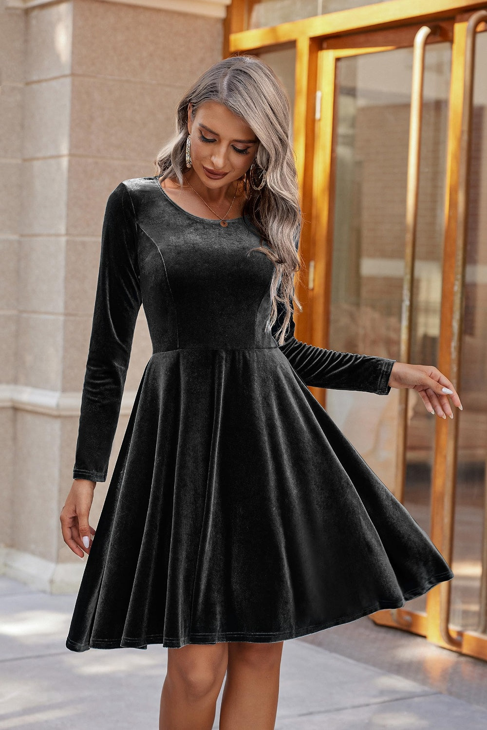 Round Neck Long Sleeve Knee Length Dress Trendsi