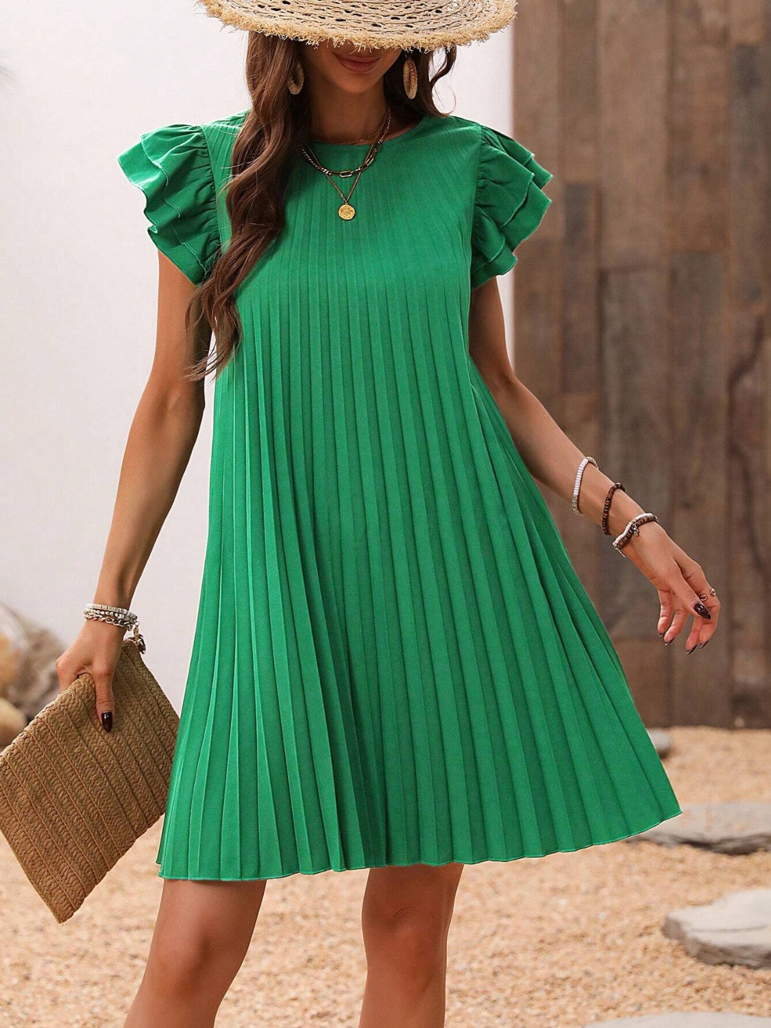 Pleated Round Neck Cap Sleeve Mini Dress Trendsi