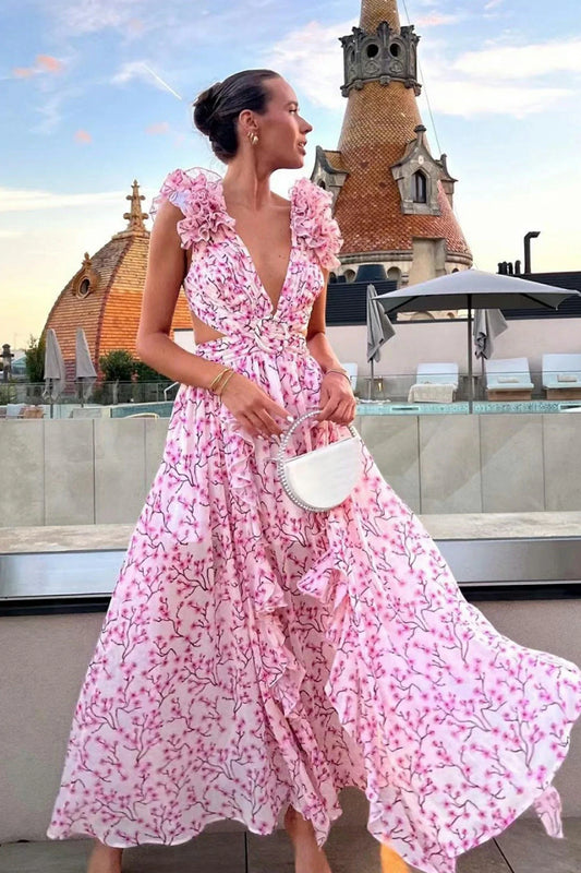 Deep V Ruffled Floral Backless Dress