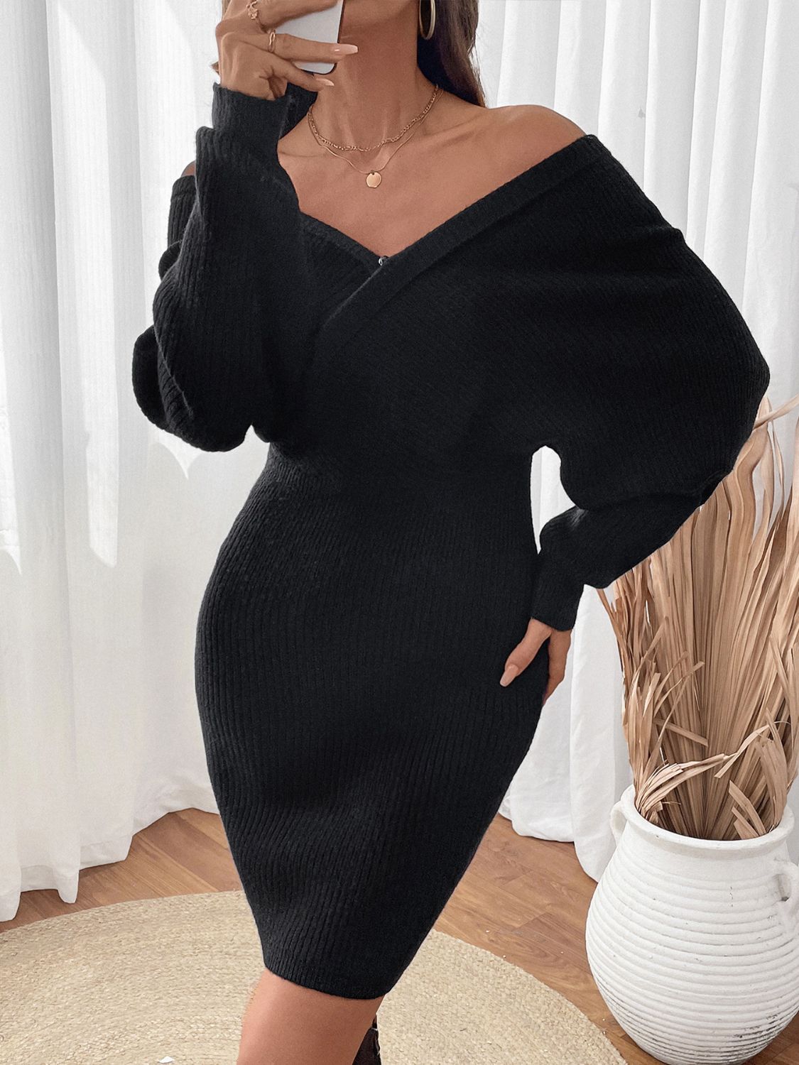 Perfee Surplice Long Sleeve Sweater Dress Trendsi