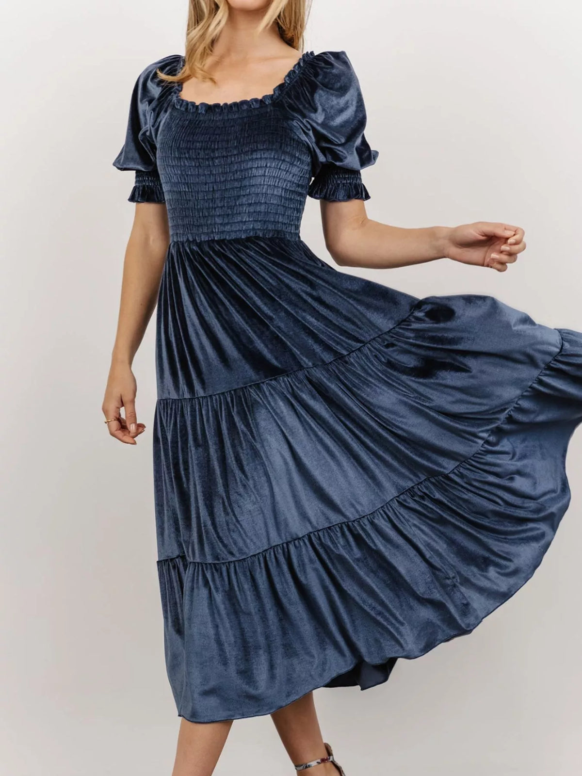 Velvet Smocked Tiered Midi Dress