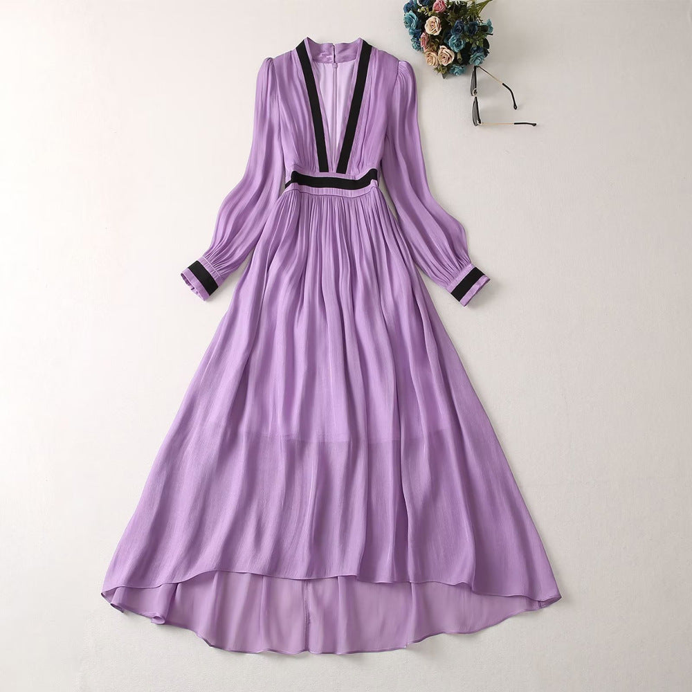 Long Sleeve Purple Waistband Dress Aclosy