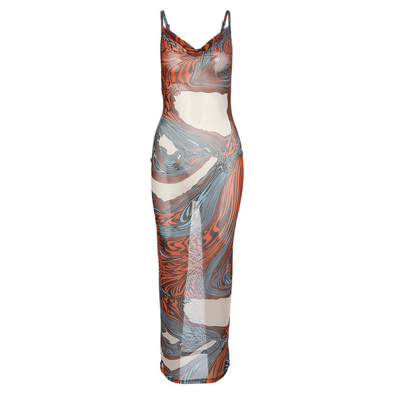 New Women's Fashion Slim Dress With Polyester Screen Printing Aclosy