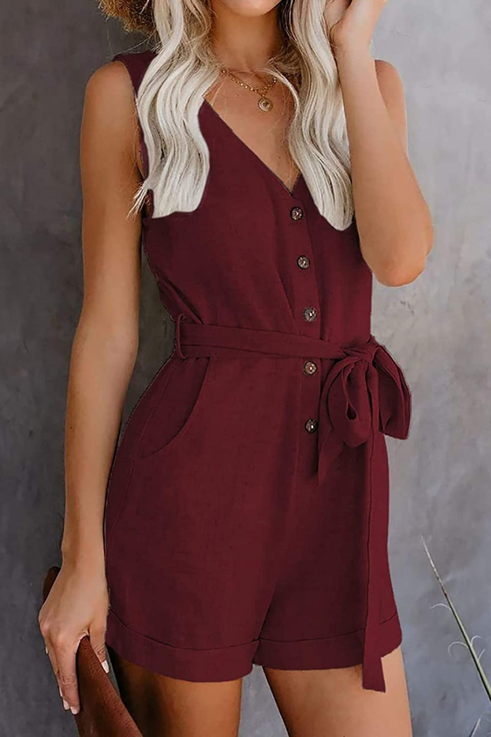 Full Size Tied V-Neck Sleeveless Romper with Pockets Trendsi