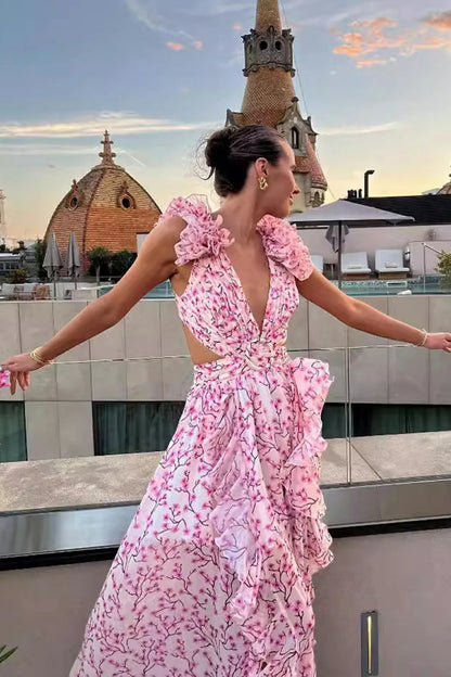 Deep V Ruffled Floral Backless Dress