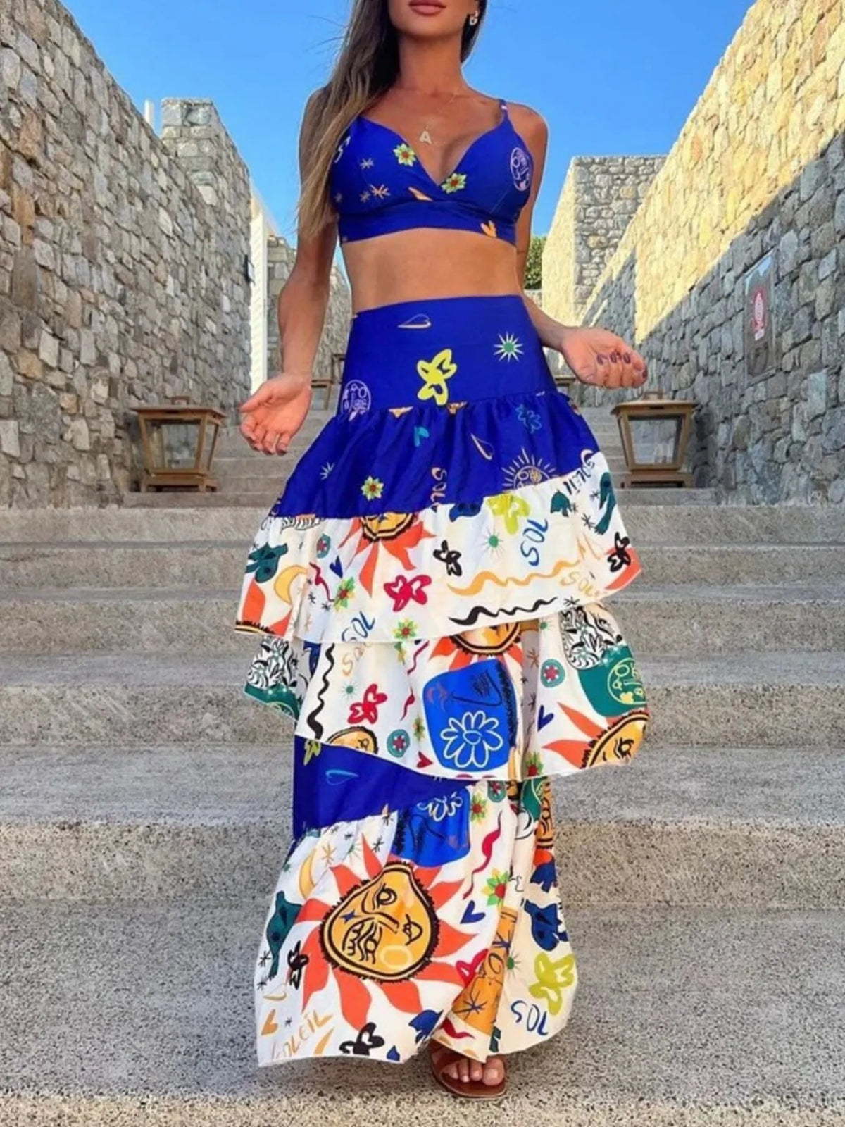 Printed Cami and Layered Skirt Set