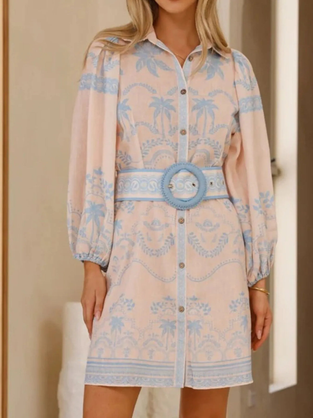 Printed Button Down Shirt Dress with Belt