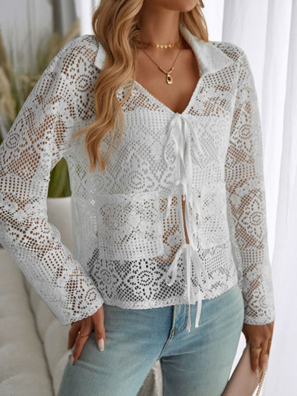 Devine Tied Collared Neck Long Sleeve Top Trendsi