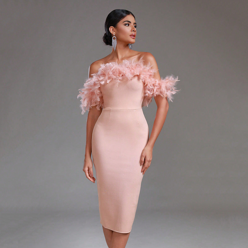 Off-neck Feather Women's Dress Aclosy