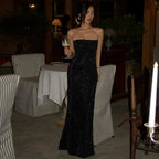 Shasha Rhinestone Strapless Black Backless Maxi Dress