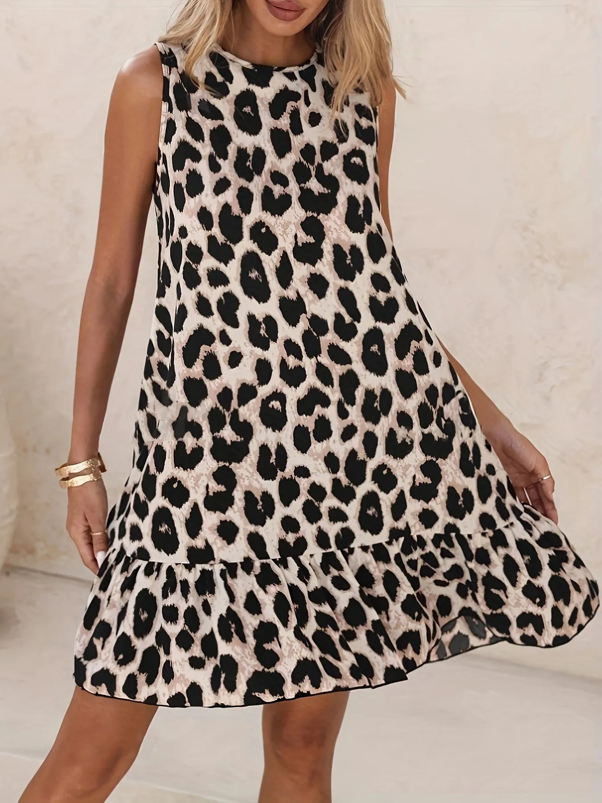 Ruffled Hem Leopard Sleeveless Dress