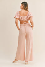 MABLE Cut Out Drawstring Crop Top and Belted Pants Set Trendsi