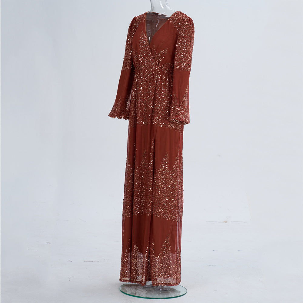 Rust sequin maxi dress side on mannequin